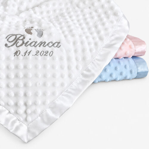 Baby blanket with name and date embroidered. Choose a name or your own text to embroider on your baby blanket. Available in 3 different colors.