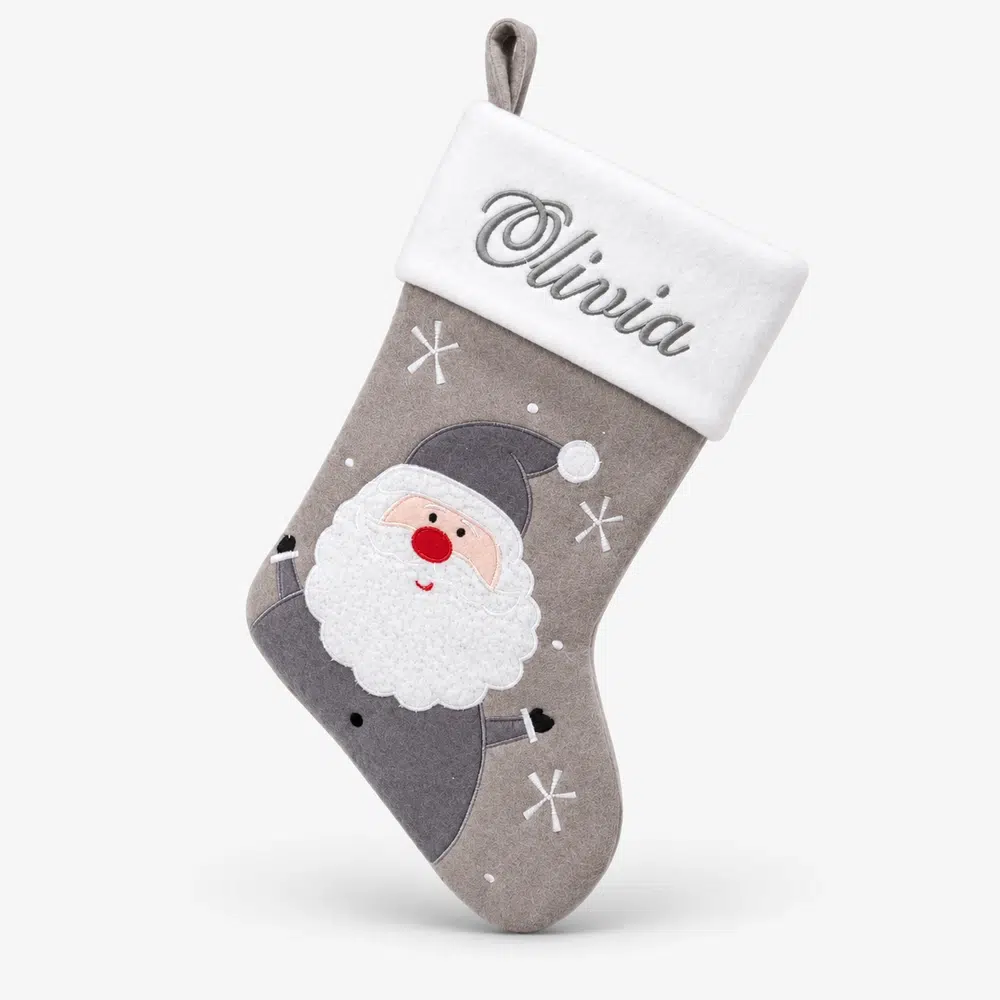 Gray Santa Christmas stocking with name printed
