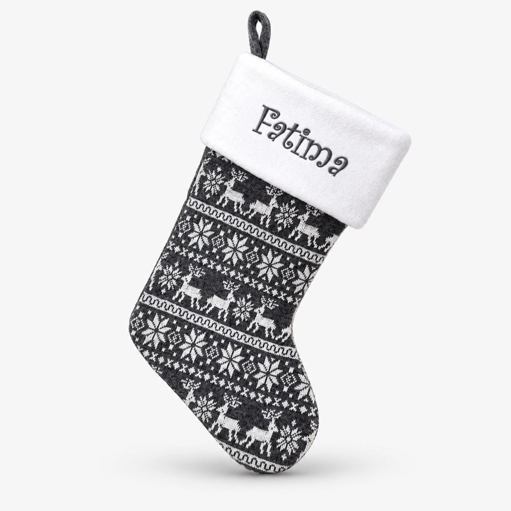 julstrumpa-med-namn-gra-alg-vavd-45-cm Gray woven Christmas stocking with name and moose