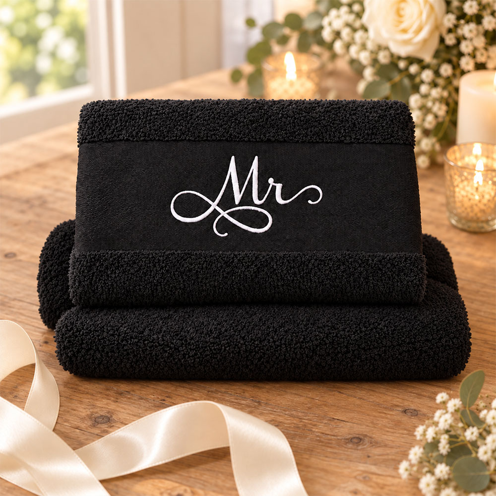 Black towel with name embroidered