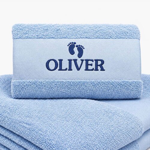 Baby blue towel with name close up image
