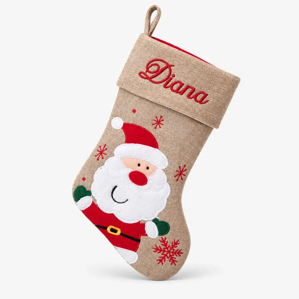 Strumpa-13-1000px Brown Christmas stocking with happy Santa