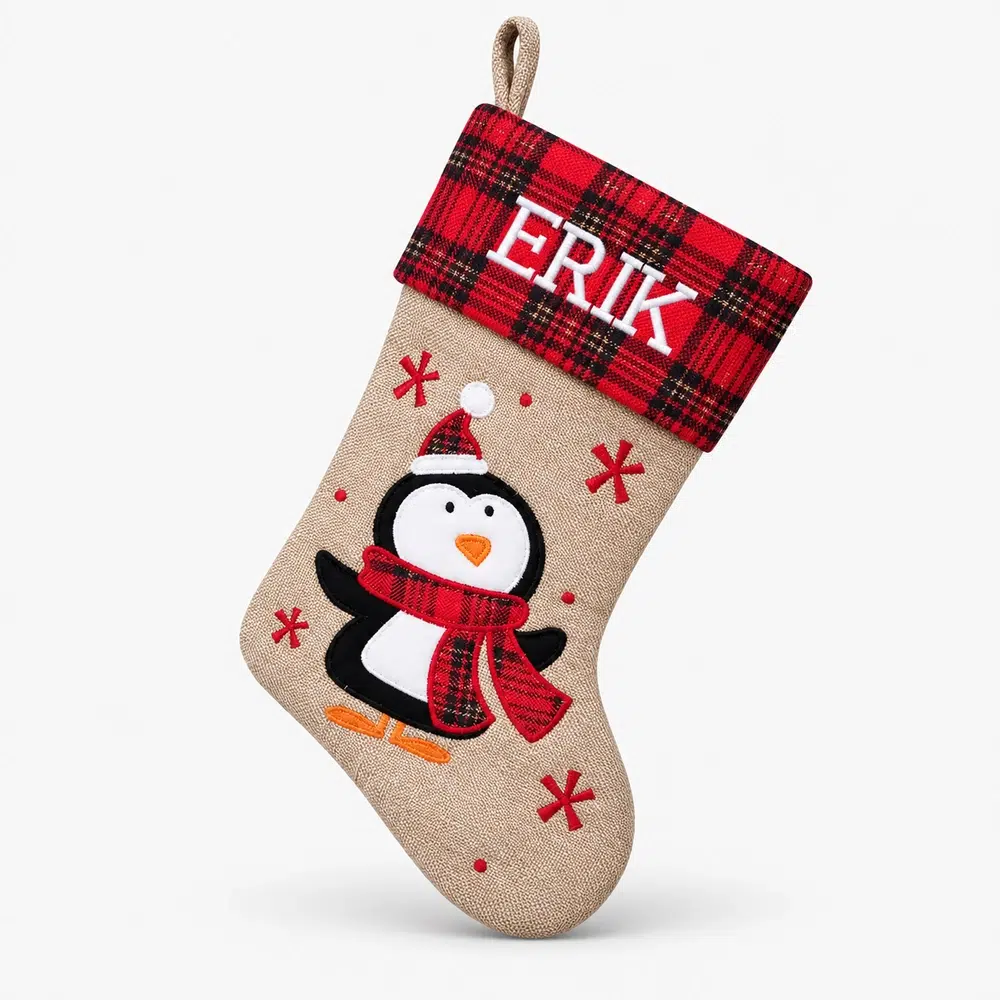 Red checkered Christmas stocking penguin with name