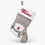 Gray Christmas stocking with name and snowman