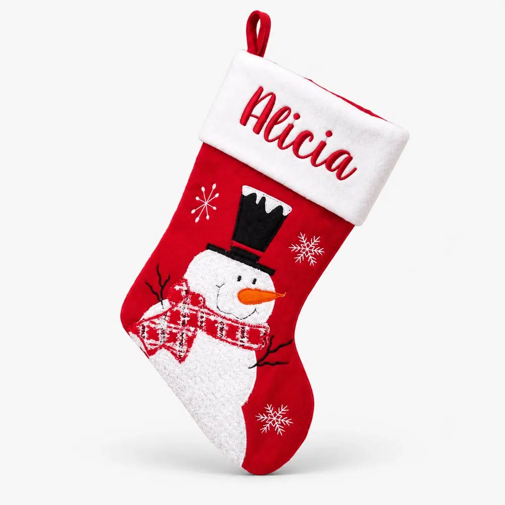 julstrumpa-rodvit-snogubbe Red and white Christmas stocking with name and snowman