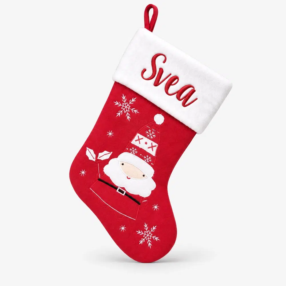 julstrumpa-med-namn-tomte-och-snoflingor-45-cm Christmas stocking with name, Santa and snowflakes