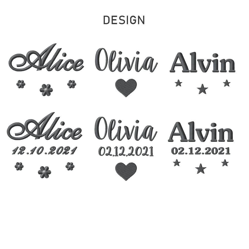 Embroidery design and thread color options for personalized baby comforters