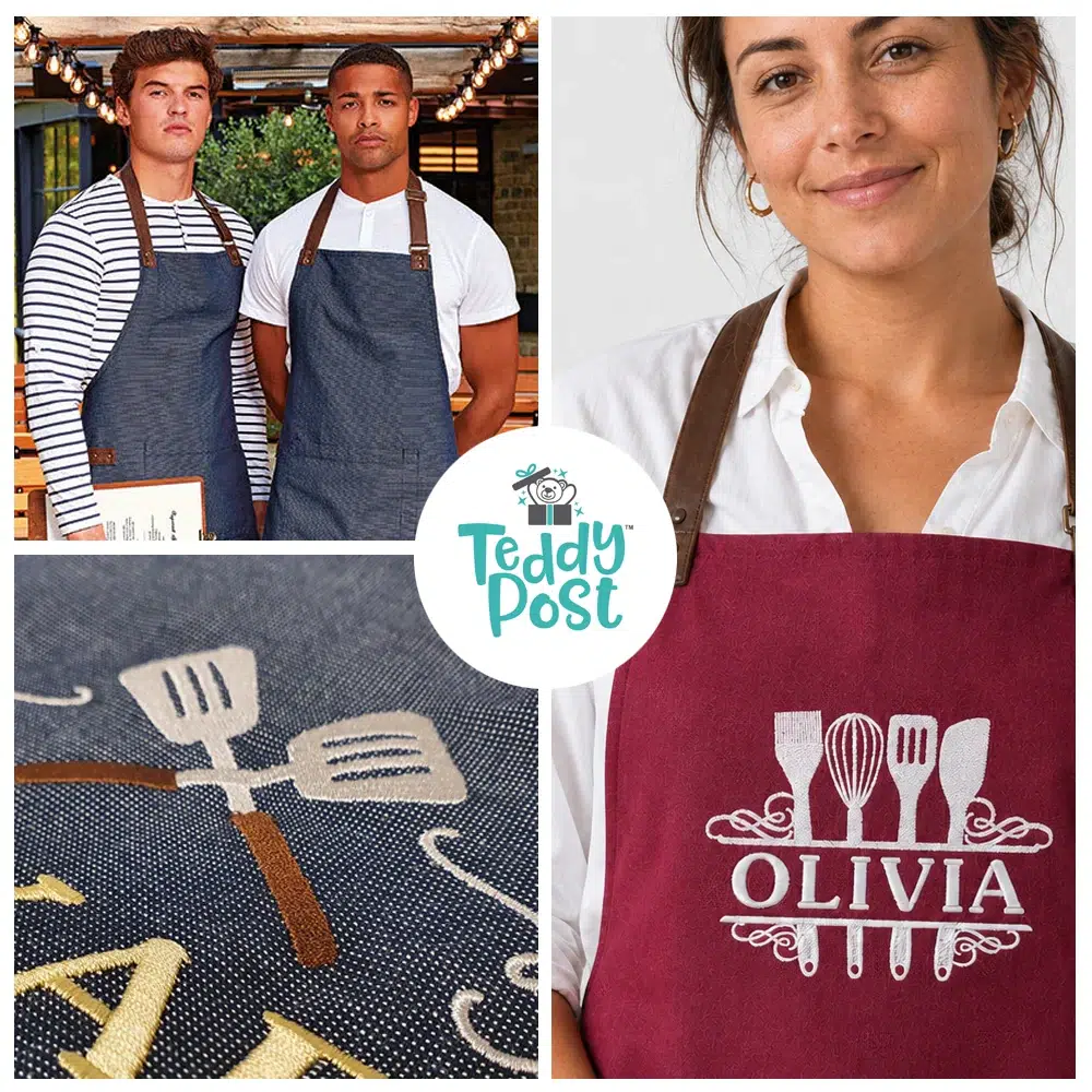 Close-up of a personalized apron with an embroidered name
