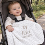 Personalized baby blanket with baby in stroller