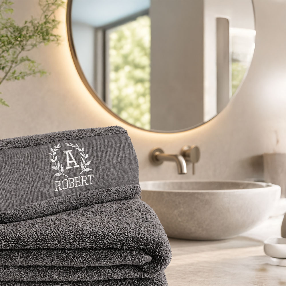 Dark gray towel with name