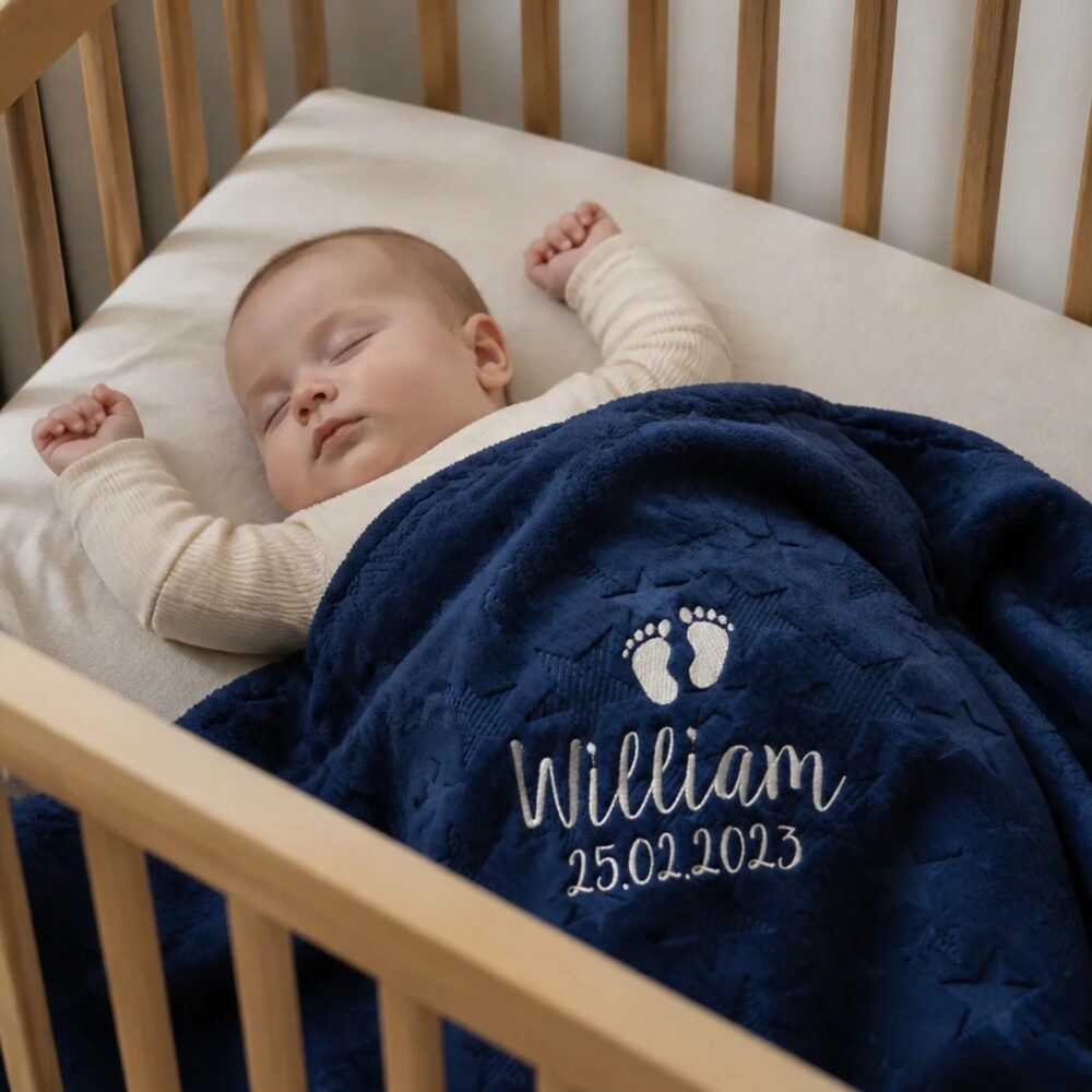 Blue personalized baby blanket in crib, lifestyle image