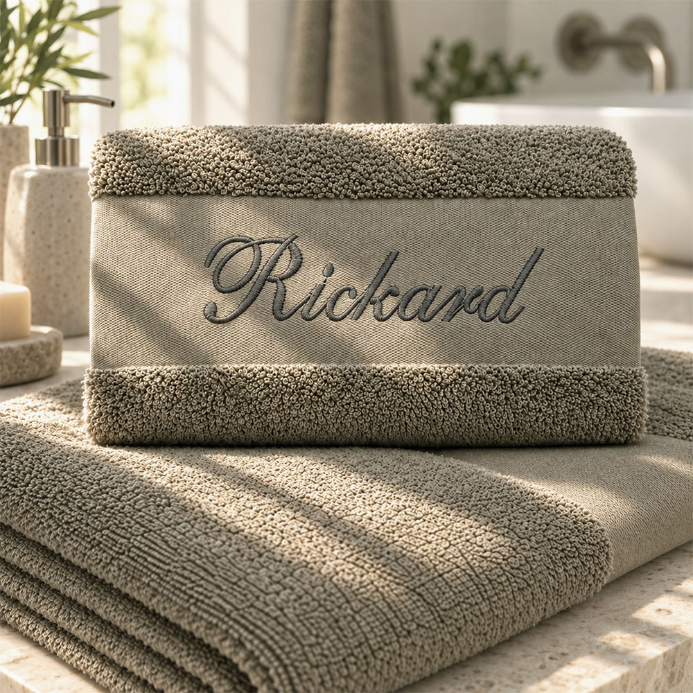 Olive green personalized towel in use in the bathroom