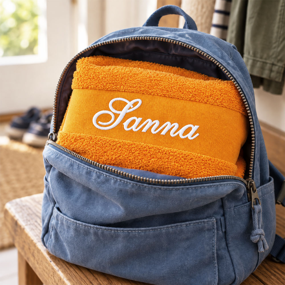 Orange towel with name embroidered in backpack