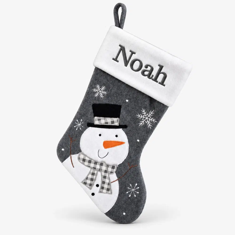 morkgra-julstrumpa-med-namn-snogubbe-45-cm-2 Dark gray Christmas stocking with snowman