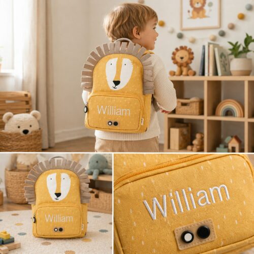 Personalized backpack - Mr. Lion Child with lion-themed backpack.