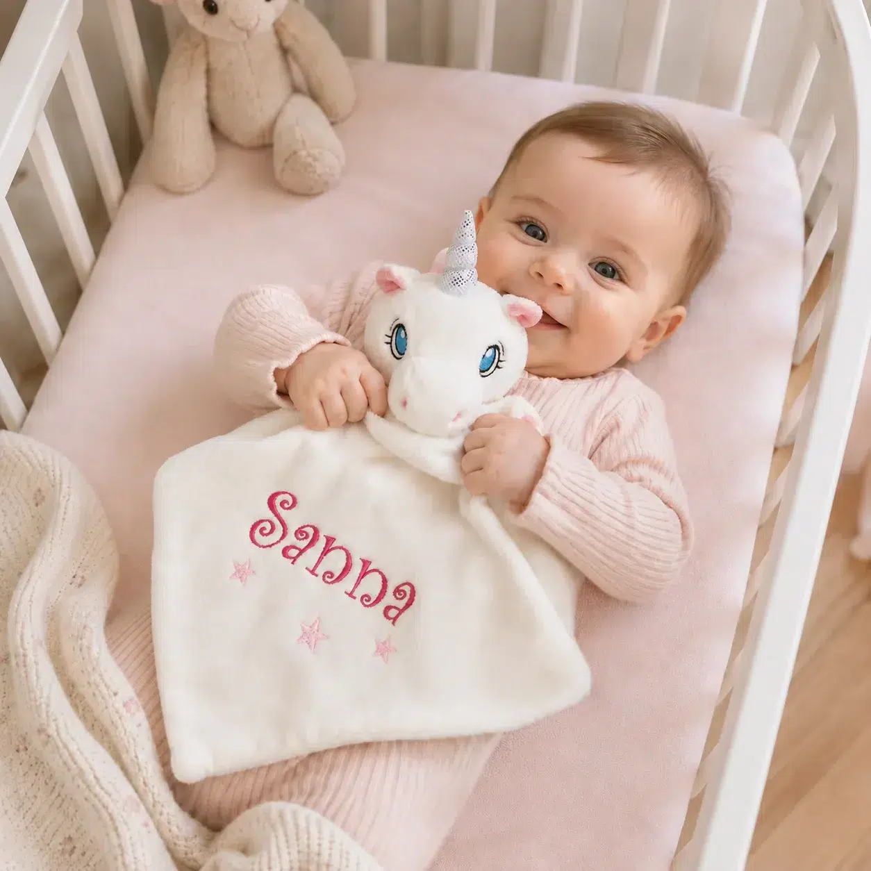 White unicorn personalized baby comforter - Scarlett