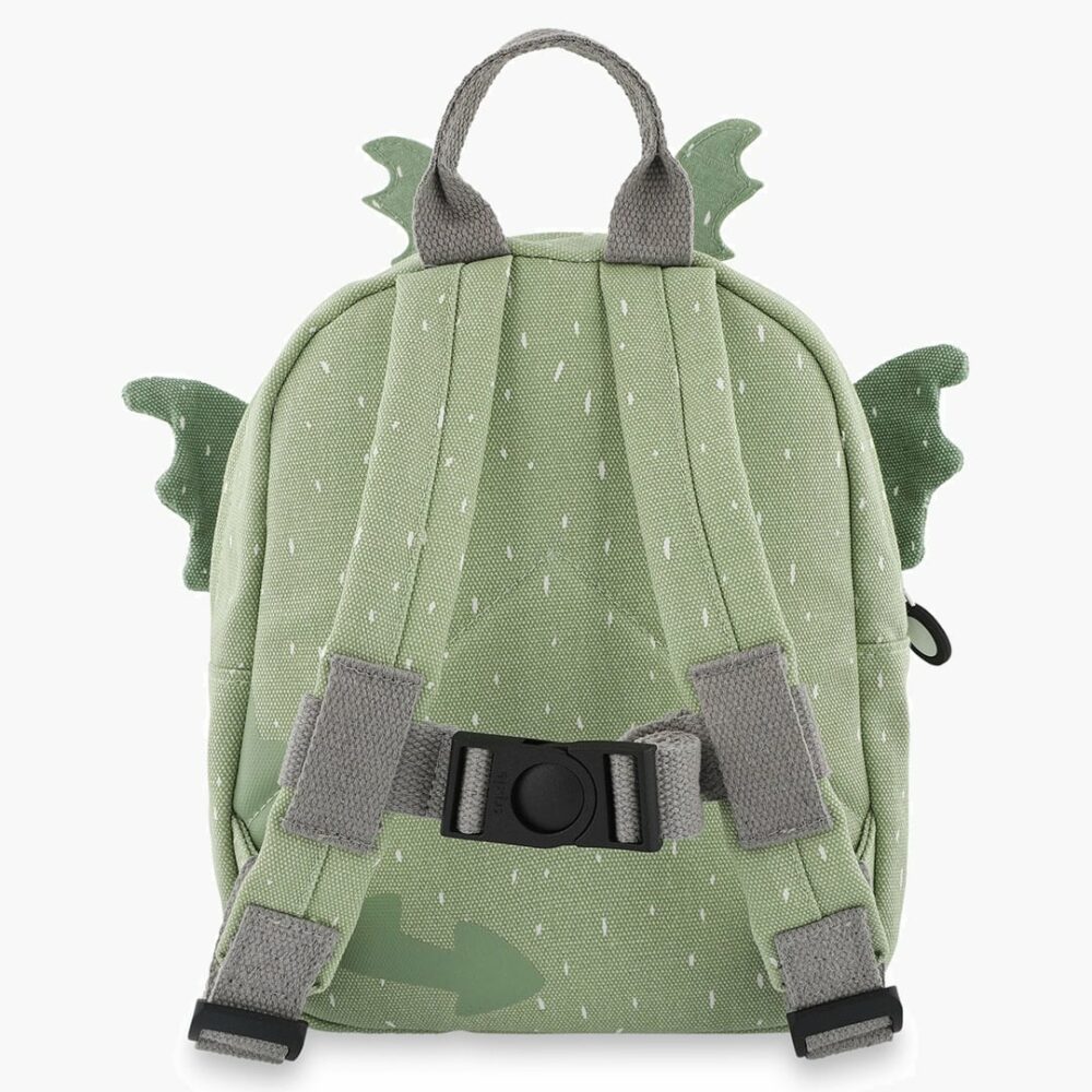 Backpack with dragon motif seen from the back
