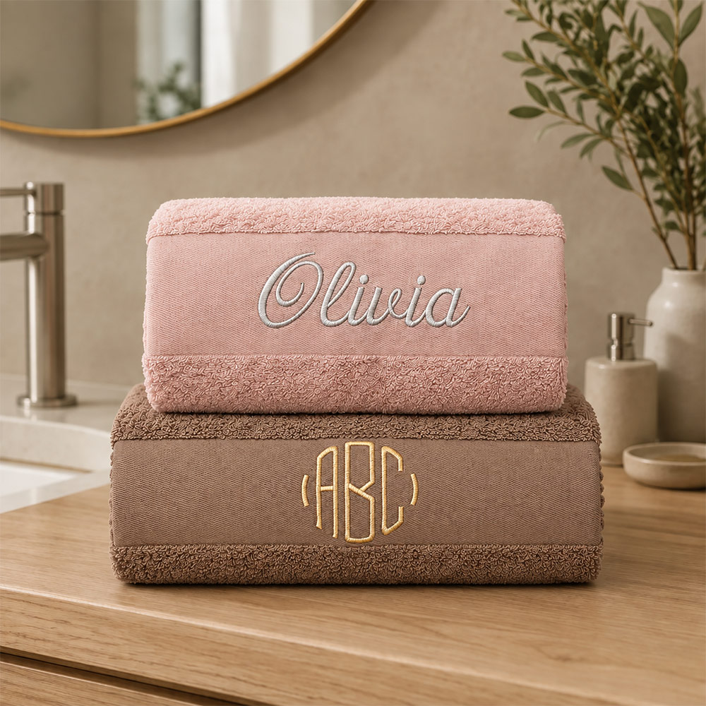 White personalized towel with name embroidered