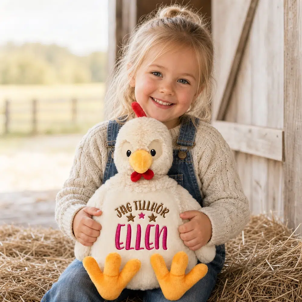Chicken stuffed animal with embroidered name