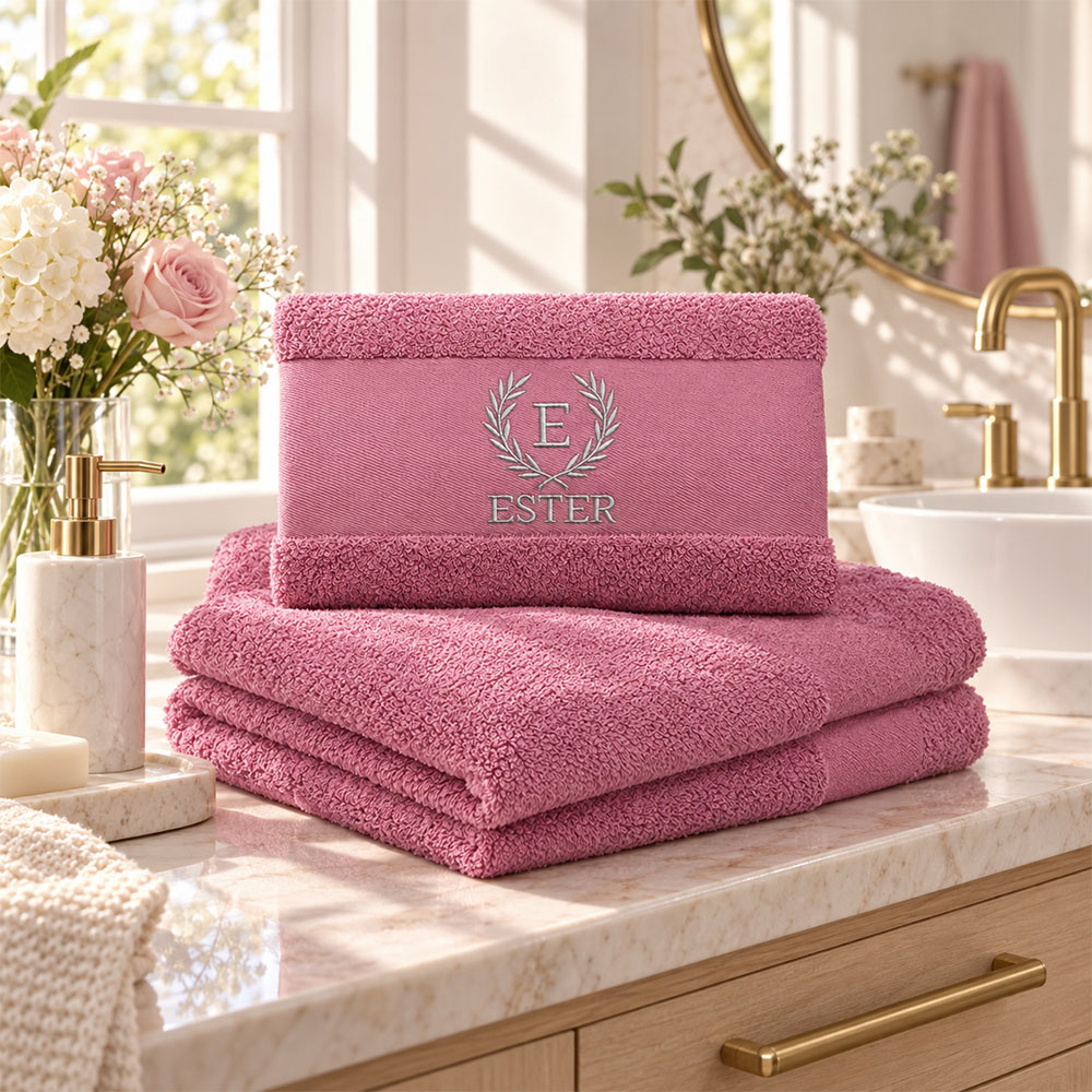 magnolia colored towel with name embroidered