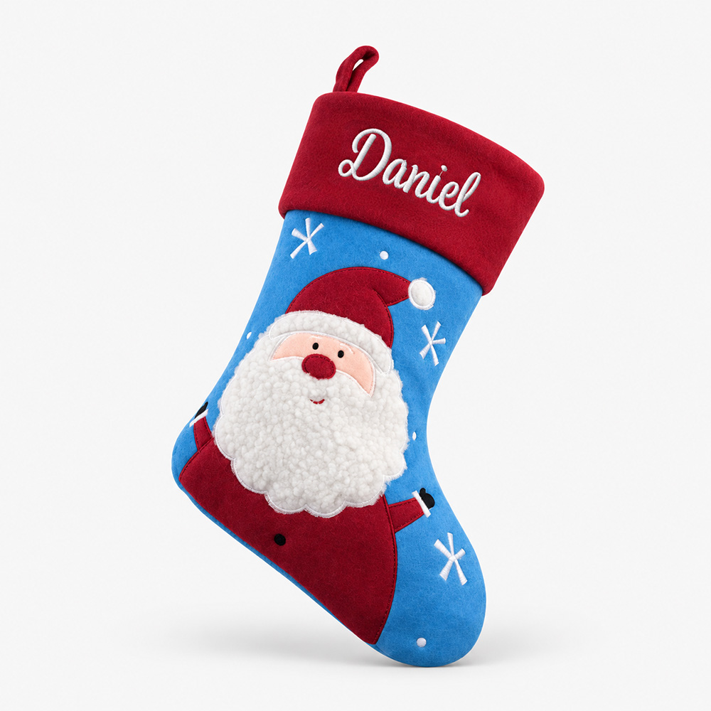 Red and blue personalized Christmas stocking with Santa Blue personalized Christmas stocking with Santa