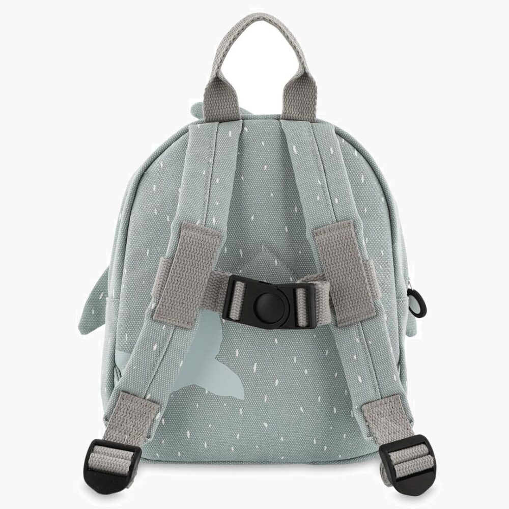 Backpack with shark motif seen from the back