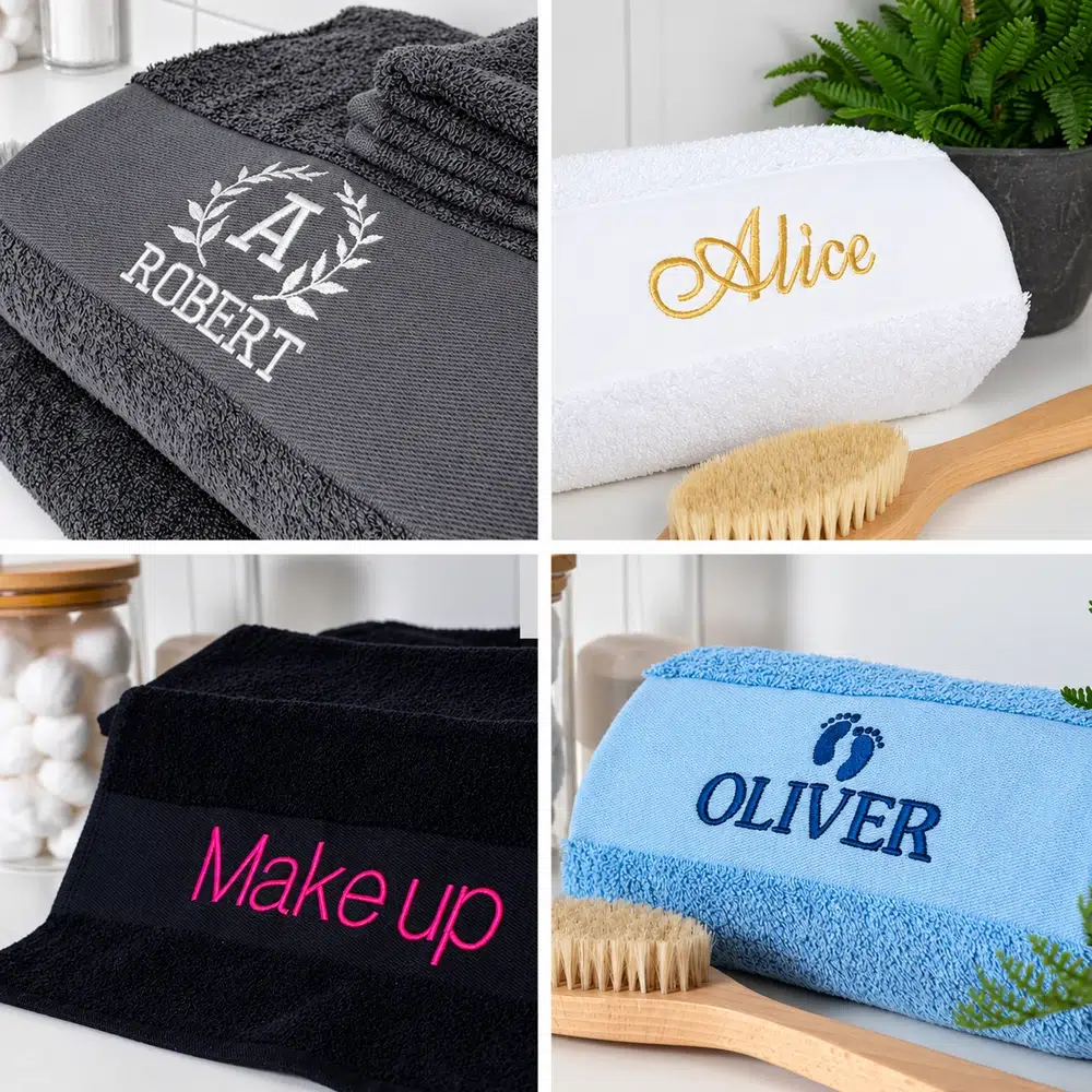 Collage of personalized towels in charcoal, white, black, and blue, embroidered with names and monograms.
